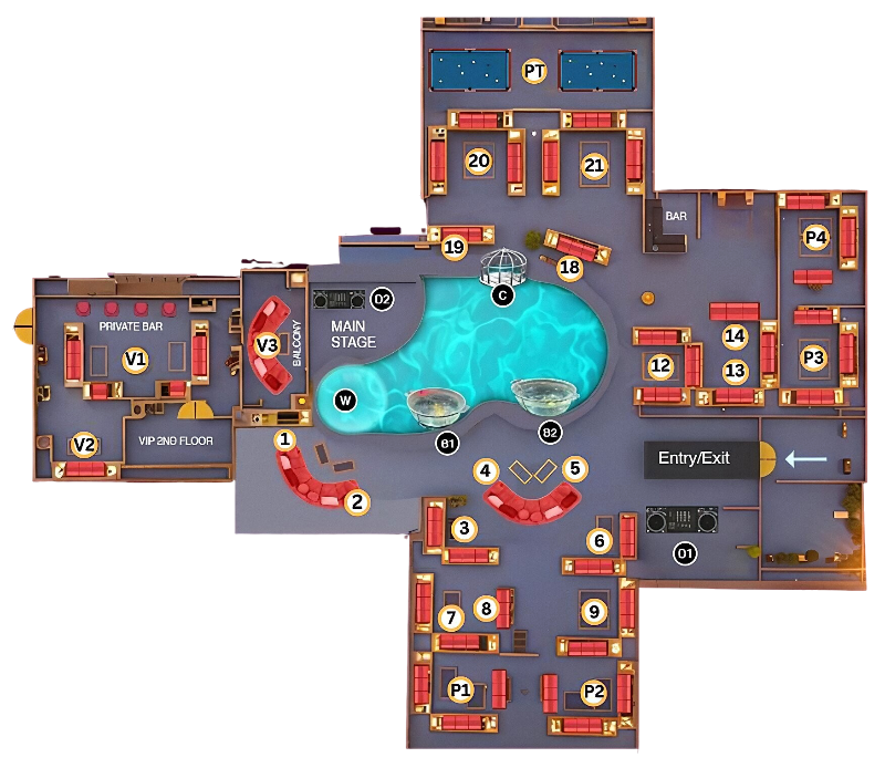 Interactive club floor plan showing table locations and amenities